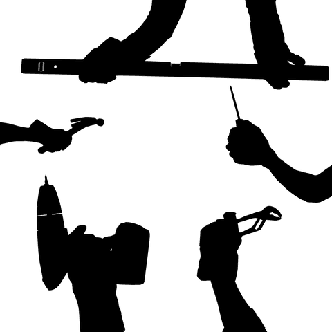 Digital silhouette of hands with tools on transparent background