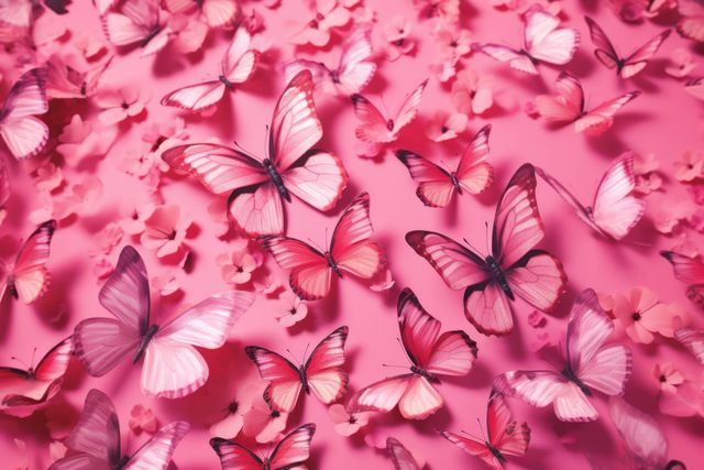 Full frame of pink butterflies and flowers, created using generative ai technology. Beauty in nature, delicacy and femininity wallpaper background concept digitally generated image.