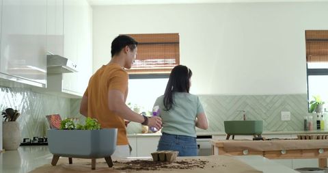 Asian couple repotting houseplants at sunlit modern kitchen island, minimalist gardening lifestyle