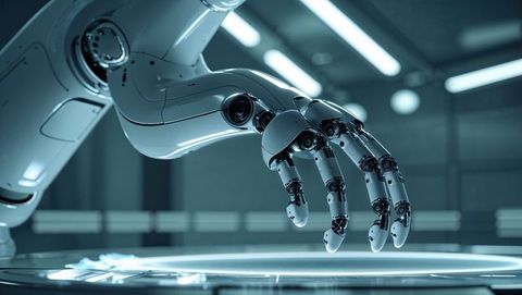 Robotic Arm Hovering Over Lit Platform in Futuristic Laboratory