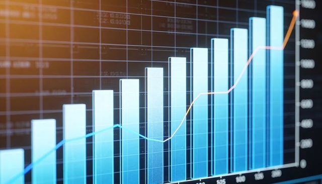 Digital financial dashboard displaying ascending blue bar chart with dual trend lines