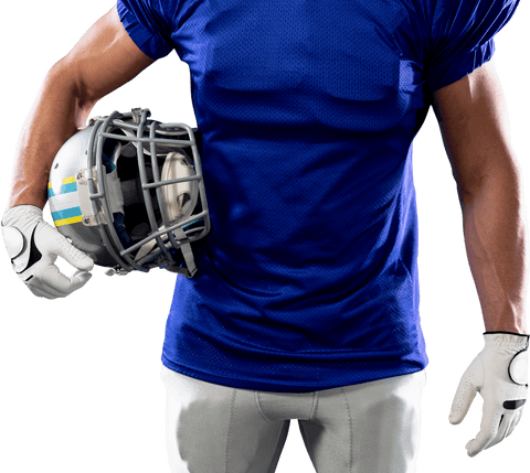 Transparent male football player holding helmet wearing team uniform