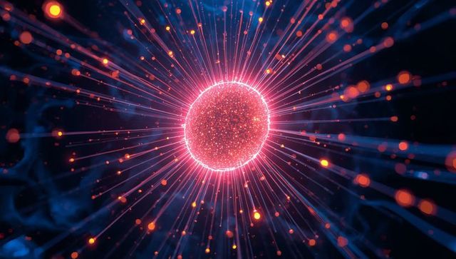 Magenta energy orb radiating neon filaments and particle starburst in dark tech void