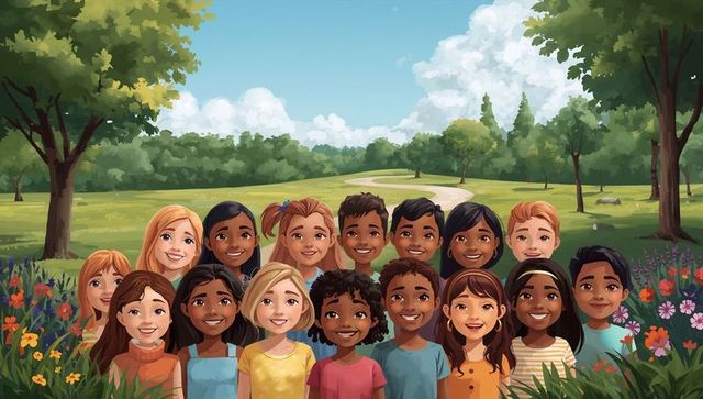 Diverse smiling children posing together in sunny meadow with winding path and wildflowers