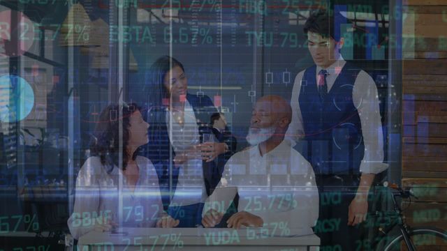 Multiracial coworkers are discussing strategy in an office with overlaid animations of stock market graphs and trading board information. This can be used for promoting financial services, investment firms, business analysis tools, and team collaboration software. It signifies modern business environments, teamwork, and financial strategy.