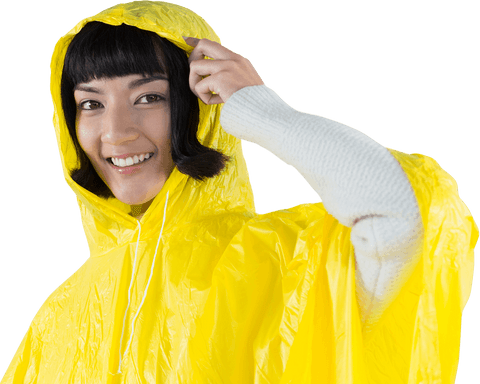 smiling woman wearing transparent yellow raincoat and hood - Download Free Stock Videos Pikwizard.com