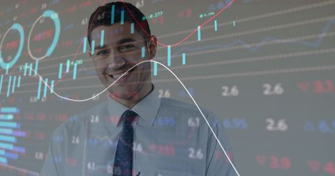 Confident executive overlaid with stock exchange charts