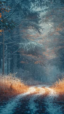 Vertical winter forest path with falling light flurry and drifting mist, cinematic tranquil clip