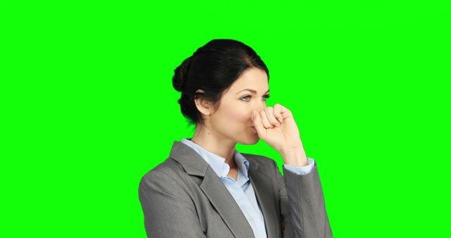 Businesswoman in Gray Suit Coughing on Green Background - Download Free Stock Images Pikwizard.com