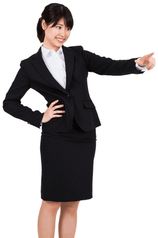 Confident Asian Businesswoman Pointing in Professional Attire on Transparent Background