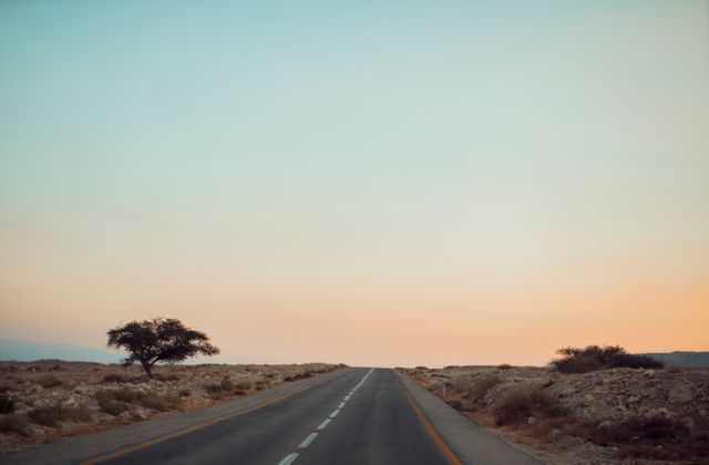 Desert road stretching into distance during sunset under a clear sky. Perfect for travel blogs, adventure promotions, or illustrating stories about solitude and long journeys.
