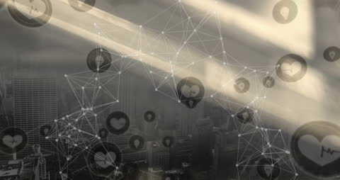 Digital Connections Over Urban Cityscape with Abstract Network