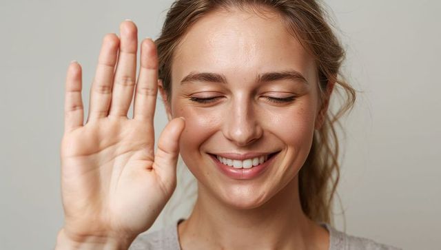 Joyful young woman raising hand with eyes closed smiling natural freckles headshot soft glow