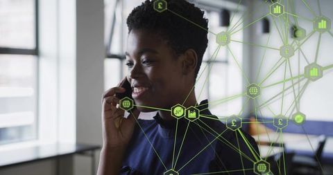 Businesswoman Talking on Smartphone with Digital Finance Overlay