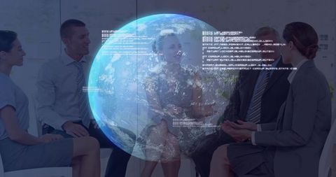 Business Team Collaborating Around Holographic Earth Display Showing Code and Data