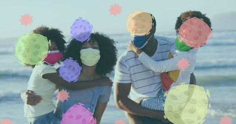 Masked african american family enjoying beach with virus illustration overlay