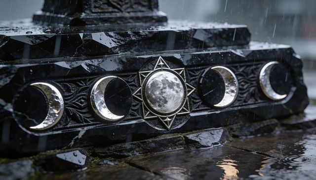 Shining carved lunar pedestal full moon medallion and crescent phases reflecting in rain