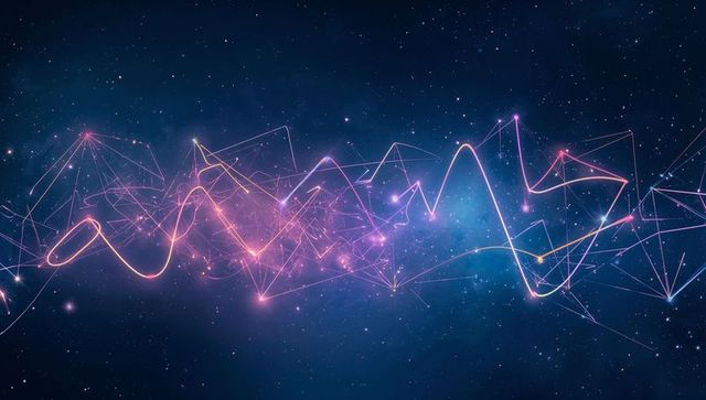 Sweeping neon waveform connecting glowing nodes across cosmic starfield with mesh network