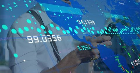 Businessman tapping smartphone with global financial data overlay and real-time analytics
