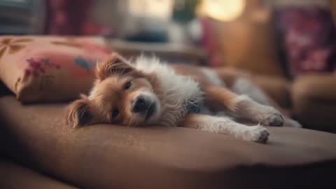 Small brown and white dog resting on sofa, blinking and shifting head and paws on cushion