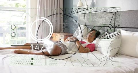 Teen Relaxing on Bed with Holographic HUD Overlay, Futuristic Digital Lifestyle Concept