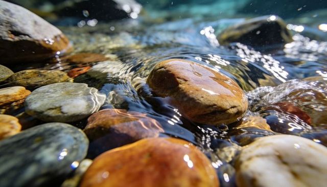 Sunlit Wet River Pebbles with Rippling Highlights, Closeup Macro Texture for Nature Design