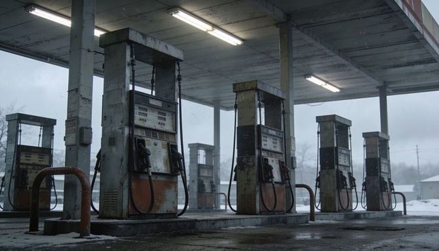 Abandoned vintage gas station featuring rusted fuel pumps under snowy concrete canopy