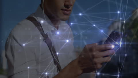 Man Using Smartphone with Digital Connections Overlay