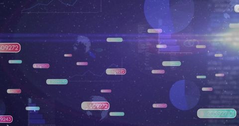 Digital data visualization with floating numeric panels in starfield