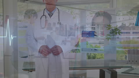 Caucasian Senior Doctor with Heartbeat Animation in Modern Office