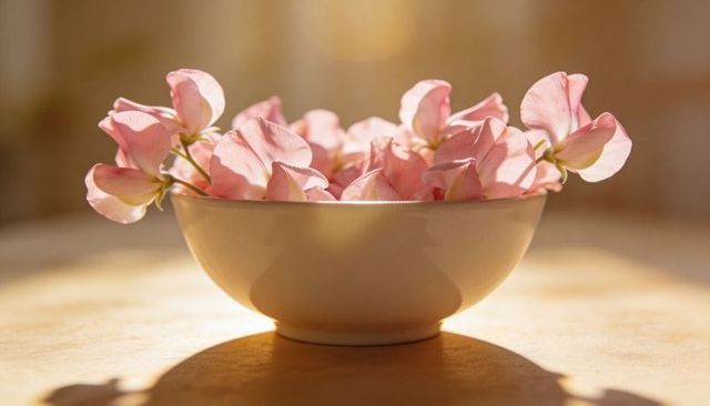 Sunlit cream ceramic bowl filled with pale pink blossoms casting soft shadow, backlit