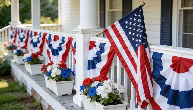 Patriotic porch display featuring american flag, red white blue bunting and flower planters