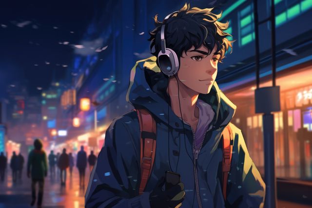 Lofi anime boy wearing headphones in city, created using generative ai technology. Anime, youth culture and urban style concept digitally generated image.