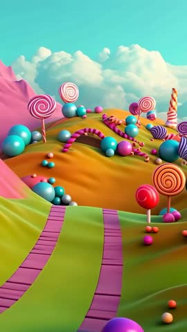 Vertical video panning through vibrant candy-land with swirling lollipops and striped path