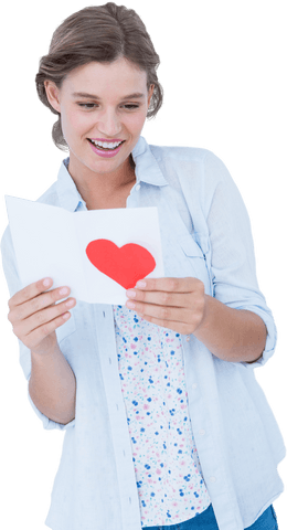 Smiling Woman Reading Heartfelt Love Letter on Transparent Background