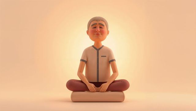 Senior man meditating on bolster with halo of calm, mindfulness and serenity