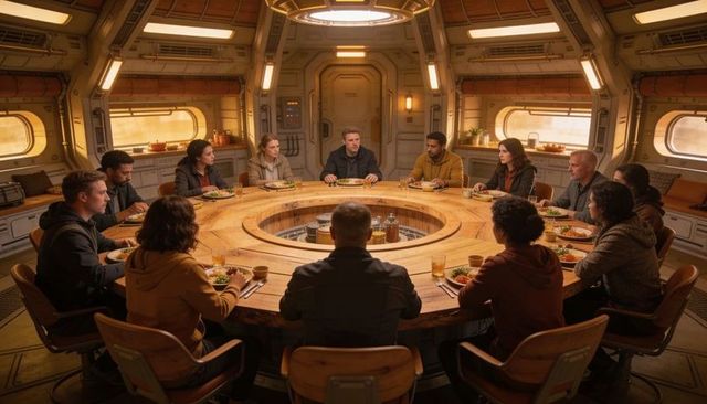 Crew sharing meal and discussing around circular wooden table aboard spacecraft mess bay