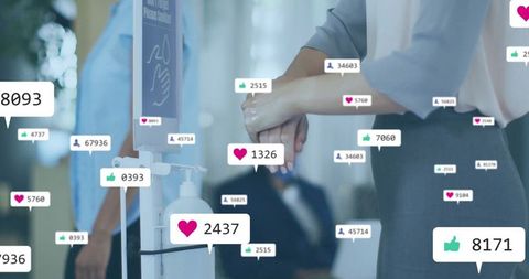 Social media overlay on hand sanitizing in public space