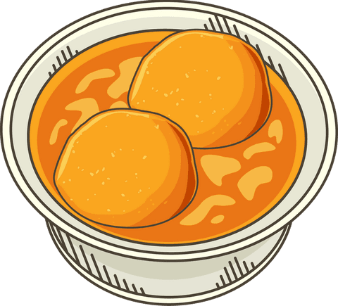 Transparent vector art of golden dumplings in vibrant orange gravy
