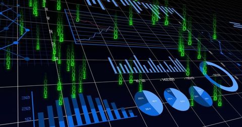 Displaying 3d data visualization dashboard with blue charts and floating green binary code