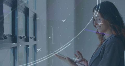 Businesswoman in Modern Office Interacting with Futuristic Interface