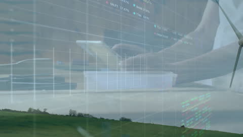 Businesswoman Analyzing Financial Data Overlaid on Scenic Landscape