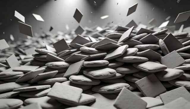 Monochrome tumble of round cushions and square tiles under dramatic spotlights