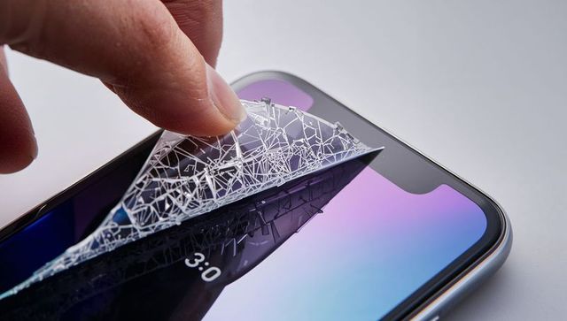 Peeling cracked tempered glass protector from notched smartphone revealing gradient display