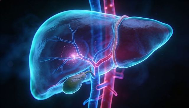 Neon translucent liver and gallbladder 3D medical illustration highlighting portal vein
