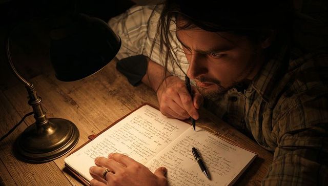 Bearded man writing in leather notebook at rustic wooden desk under warm lamp light, moody night