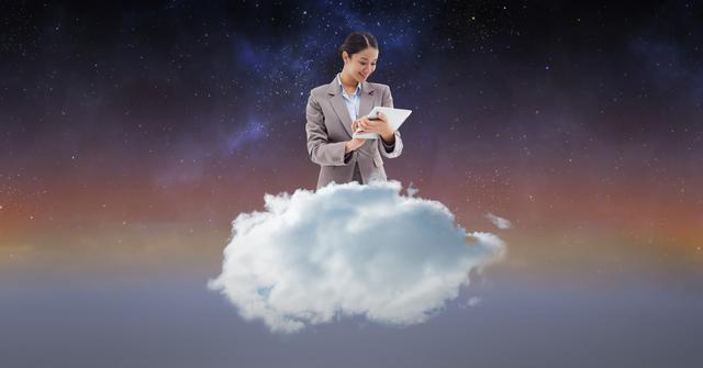 Businesswoman engaging with a tablet while standing on a cloud. Ideal for concepts related to futuristic workspace, digital transformation, remote working, cloud technology, and innovative communication. Could be used in promotional materials for tech companies, cloud service providers, or business consulting services.