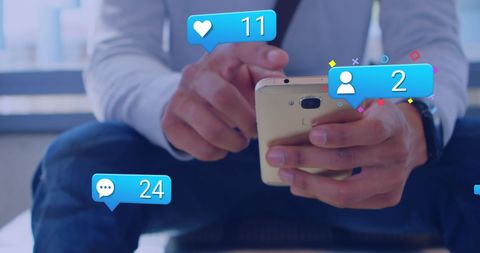 Man engaging with digital social media interfaces on phone