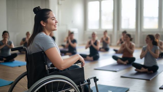 Smiling wheelchair yoga instructor leading inclusive group meditation in sunlit studio