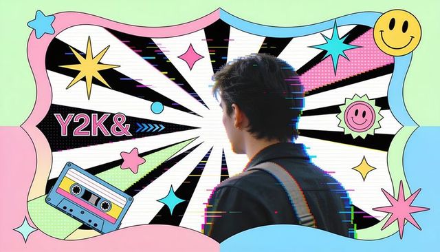 Y2k retro pop art collage with young man facing neon cassette tape and glitch effects